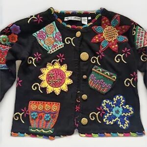 Michael Simon Vintage 1994 Cardigan Size 1 Beaded Embroidered Flowers Teacups